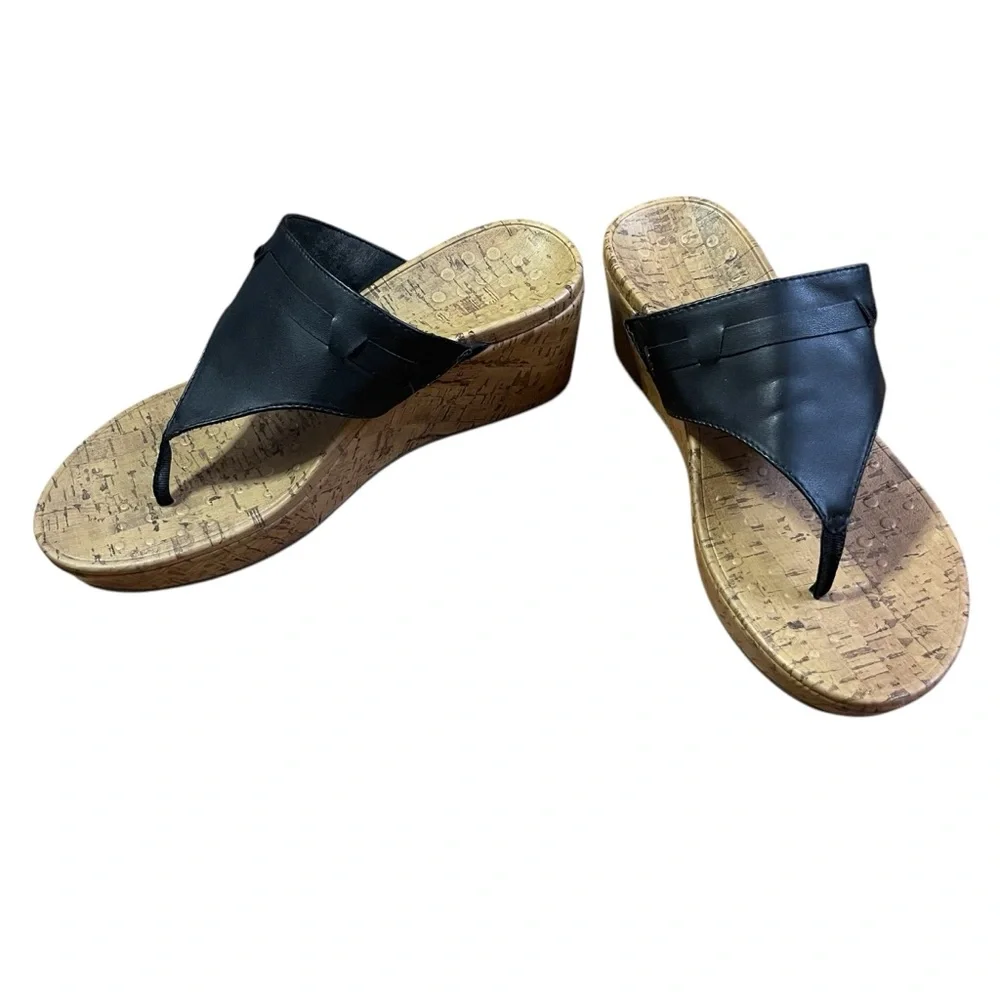 Vionic Anita Black Leather Orthotic Cork Wedge Sandals Comfort Women’s‎